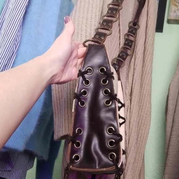 Unsure look for boho Leather canvas braided Crossbody Purse copper rings fringe - Picture 4 of 9